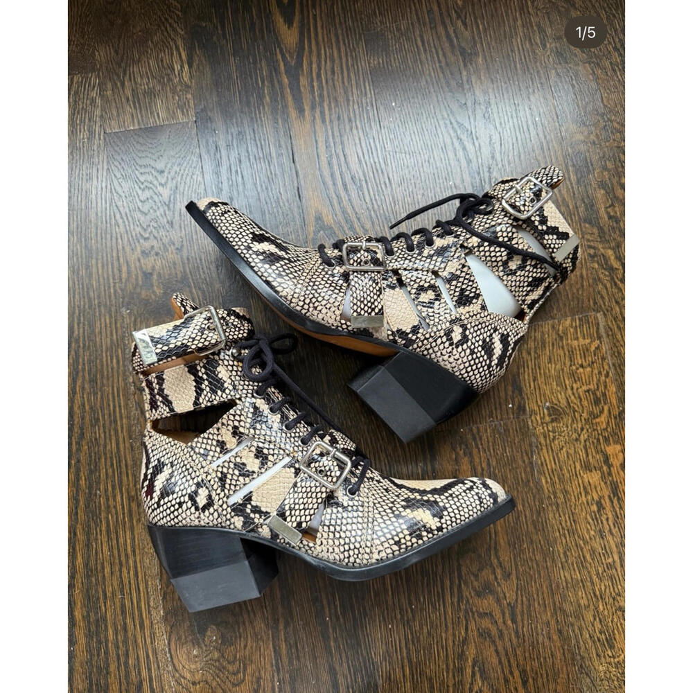Chloe Rylee Snake Print Ankle Boots with Buckle and Lace-Up Detail EU 40